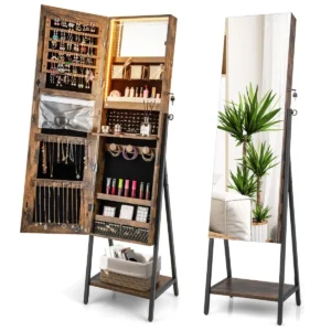 Sieradenkast met spiegel sieradenspiegelkast met 3 kleurige ledverlichting afsluitbaar extra plank 41,5 x 37 x 157 cm (bruin) 1