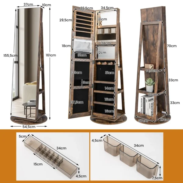 Sieradenkast met spiegel vrijstaande spiegelkast draaibaar met driekleurige ledlampen sieradenorganizer sieradenopslag (vintage) 3