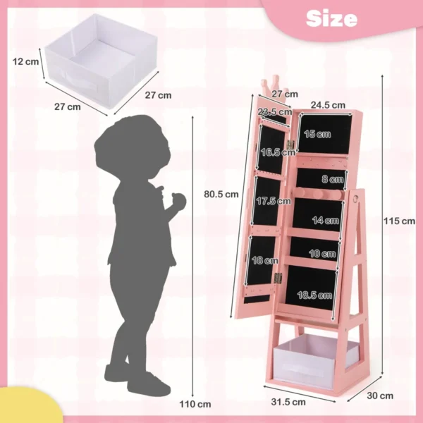 Sieradenkastje voor kinderen vrijstaande spiegel met grote opslagcapaciteit ijdelheidspiegel voor kinderen kindercadeaus roze 2