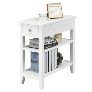Smal nachtkastje met lade en plank 3 verdiepingen tellende houten bijzettafel koffietafel voor woonkamer slaapkamer (wit) 1