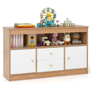 Speelgoedkast voor kinderen houten boekenkast voor kinderen open plank 2 lades 2 deuren voor speelkamer kinderkamer naturel 1