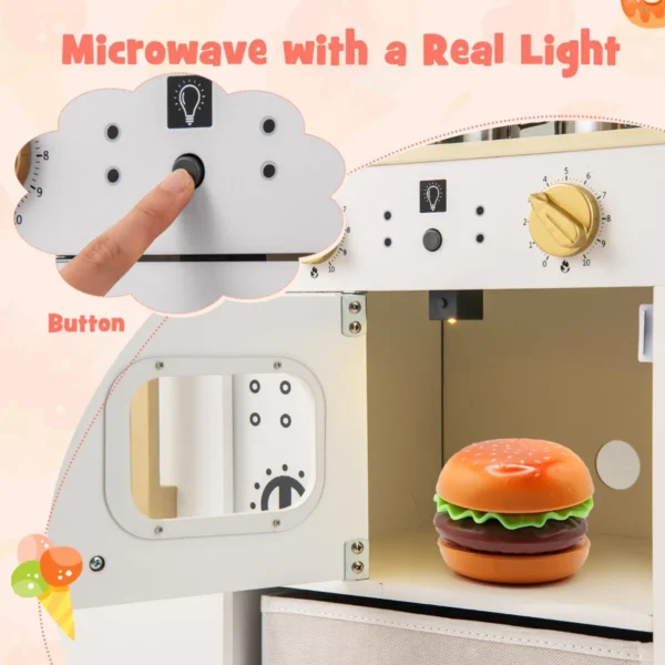 Speelkeuken met krijtbord ijsblokjesmachine gootsteen stoffen lade en vaatwasser keukenset met oplichtende magnetron wit 3