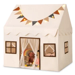 Speeltent voor kinderen speelhuis met gewatteerde antislipmat vlaggen lichtsnoeren gaasgordijnen ramen beige 1