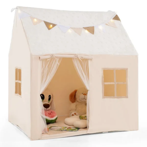 Speeltent voor kinderen speelhuisje voor peuters met lichtsnoer vlaggen en gevoerde mat speelhuisje voor binnen met gaasgordijnen 2