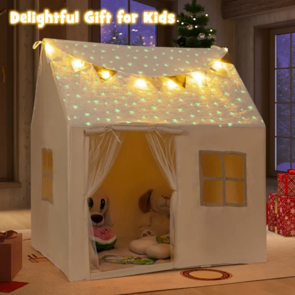 Speeltent voor kinderen speelhuisje voor peuters met lichtsnoer vlaggen en gevoerde mat speelhuisje voor binnen met gaasgordijnen 4