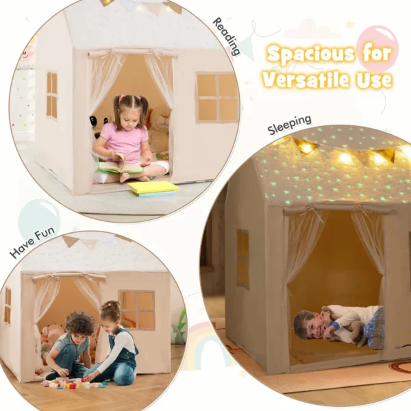 Speeltent voor kinderen speelhuisje voor peuters met lichtsnoer vlaggen en gevoerde mat speelhuisje voor binnen met gaasgordijnen 6