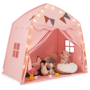 Speeltent voor kinderen van 3 tot 12 jaar bedtent voor peuters met vlaggen en koordverlichting binnen en buitenkindertent roze 1