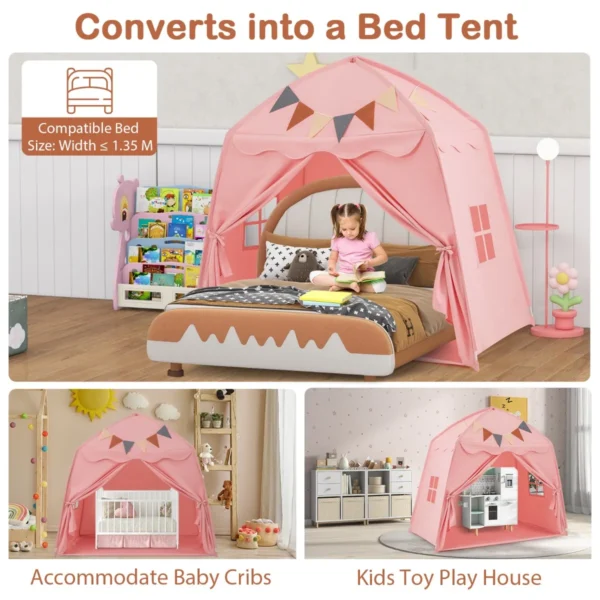 Speeltent voor kinderen van 3 tot 12 jaar bedtent voor peuters met vlaggen en koordverlichting binnen en buitenkindertent roze 6
