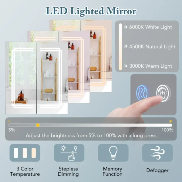 Spiegelkast voor badkamer met verlichting led badkamerkast met spiegel en dubbele deuren hangkast dimbaar anti condens wit 3
