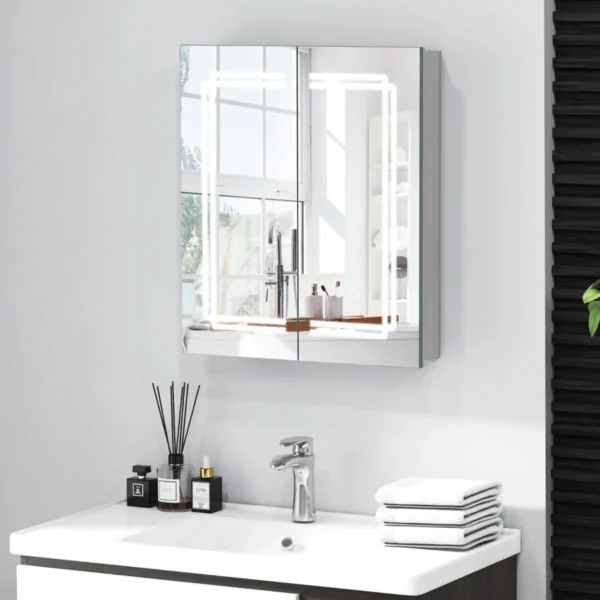 Spiegelkast voor badkamer met verlichting led badkamerkast met spiegel en dubbele deuren hangkast dimbaar anti condens wit 7