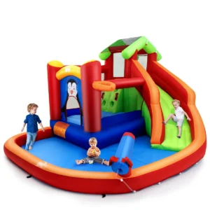 Springkasteel met glijbaan klimwand kinderbadje waterkanon en basketbalring waterpark voor nat en droog gebruik 370 x 300 x 190 cm 1
