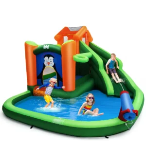 Springkasteel met glijbaan klimwand kinderbadje waterkanon en basketbalring waterpark voor nat en droog gebruik 370 x 300 x 190 cm (groen) 1