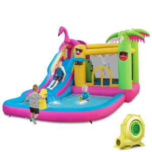 Springkasteel met ventilator waterpark in flamingo thema met lange waterglijbaan kinderbadje waterkanon en basketbalmand 1