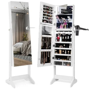 Staand juwelenkabinet met spiegel over de hele lengte led 3 kleuren afsluitbaar binnenspiegel met haardrogerhouder en acrylvakjes wit 1
