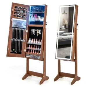 Staande juwelenkast met led verlichting afsluitbare kast met verlichte spiegel over de hele lengte lippenstiftdoosje & 2 lades bruin 1