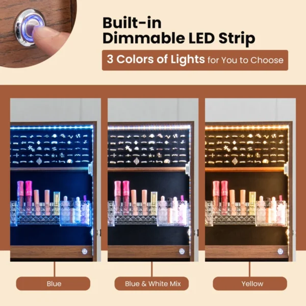 Staande juwelenkast met led verlichting afsluitbare kast met verlichte spiegel over de hele lengte lippenstiftdoosje & 2 lades bruin 5