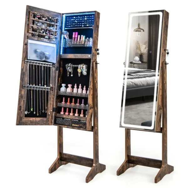 Staande juwelenkast met led verlichting afsluitbare kast met verlichte spiegel over de hele lengte lippenstiftdoosje & 2 lades koffie 1