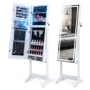 Staande juwelenkast met led verlichting afsluitbare kast met verlichte spiegel over de hele lengte lippenstiftdoosje & 2 lades wit 1