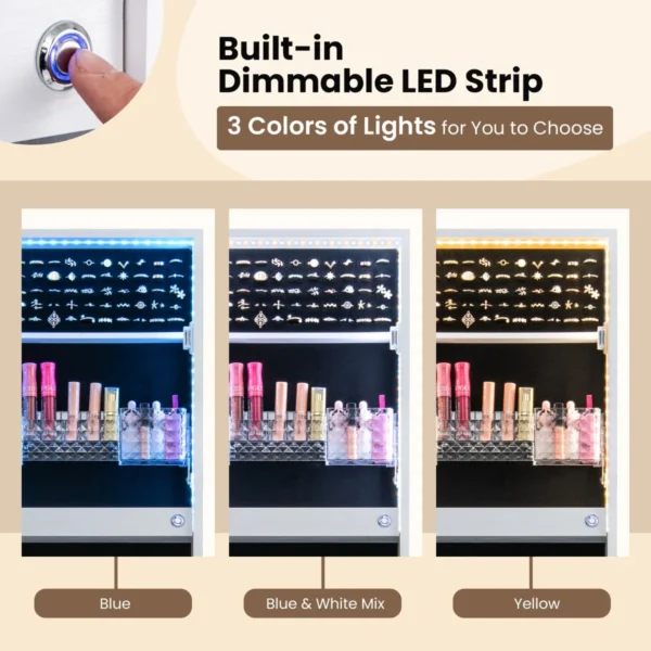 Staande juwelenkast met led verlichting afsluitbare kast met verlichte spiegel over de hele lengte lippenstiftdoosje & 2 lades wit 5