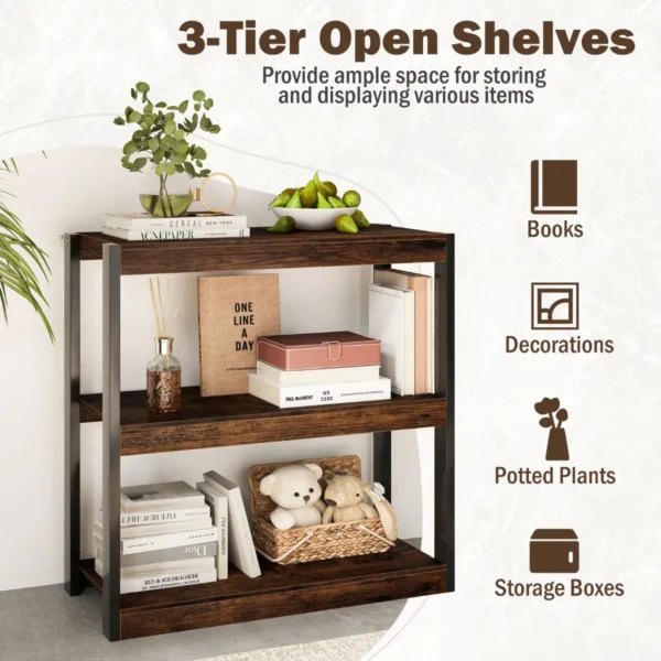 Staande kast 3 niveaus hout boekenkast multifunctioneel opbergrek metalen frame ladderrek industriële stijl voor slaapkamer werkkamer 4