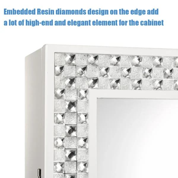 Staande sieradenkast helder glas spiegel verstelbare hoek glinsterende hars diamant decoratie krachtige opslag organisator wit 6