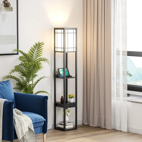 Staande vloerlamp met planken en lade moderne staande vloerlamp voor woonkamer en slaapkamer 26 x 26 x 160,5 cm zwart 3