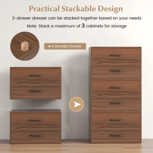 Stapelbaar opbergmeubel met 2 laden horizontaal opbergmeubel met anti kantelsets stapelbaar ladeblok voor woonkamer kantoor okkernoot 4
