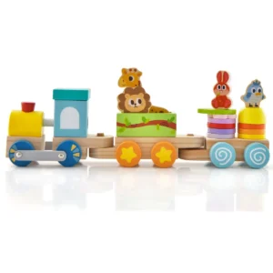 Stapelbare houten treinset educatief treinspeelgoed van veilig massief hout met kleurrijke dierenfiguren trekbare locomotief 1