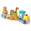 Stapelbare houten treinset educatief treinspeelgoed van veilig massief hout met kleurrijke dierenfiguren trekbare locomotief 2