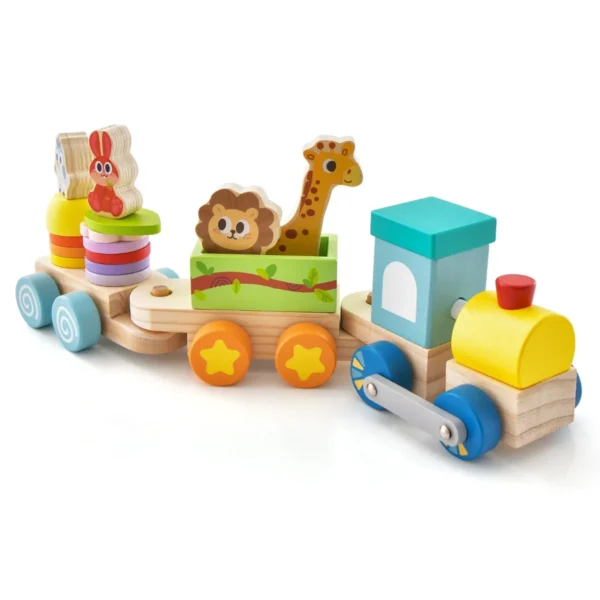 Stapelbare houten treinset educatief treinspeelgoed van veilig massief hout met kleurrijke dierenfiguren trekbare locomotief 2