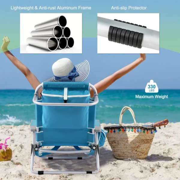 Strandstoel met verstelbare rugleuning 5 standen opvouwbare ligstoel met bekerhouder opbergvakken schouderriemen blauw 5