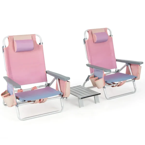 Strandstoelen en tafel set inklapbare campingstoelen met verstelbare rugleuning hoofdsteun zijzakken ijszakken lichte klapstoelen (roze) 2