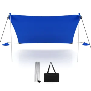 Strandtent 200 x 200 cm zonnetent met zandankers zandzakken en 2 steunstangen draagbare zonwering zonnedak voor strand picknick (blauw) 1