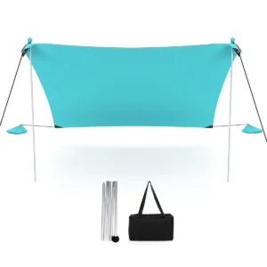 Strandtent 200 x 200 cm zonnetent met zandankers zandzakken en 2 steunstangen draagbare zonwering zonnedak voor strand picknick (turquoise) 1