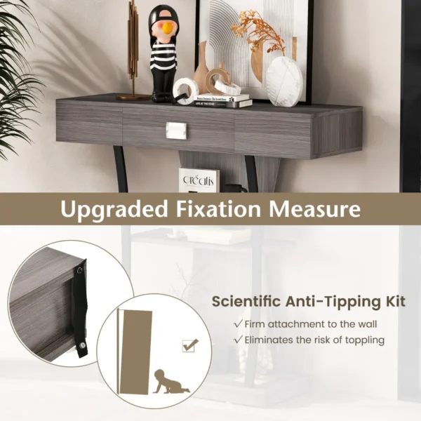 T vormige consoletafel achterbanktafel met lade legplanken en dubbele anti kantelsets instap bijzettafel voor woonkamer grijs 5