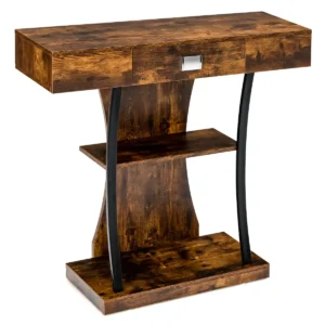 T vormige consoletafel met laden en metalen frame en 2 planken gangtafel industrieel bijzettafel rustiek bruin 1