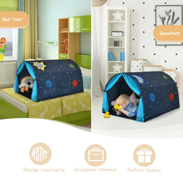 Tentje op kinderbedje speeltent in prinsessenstijl voor kinderen kindertent met venster & tas & gordijn blauw 3