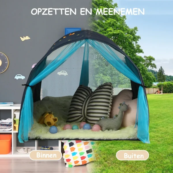 Tentje op kinderbedje speeltent in prinsessenstijl voor kinderen kindertent met venster & tas & gordijn blauw 4
