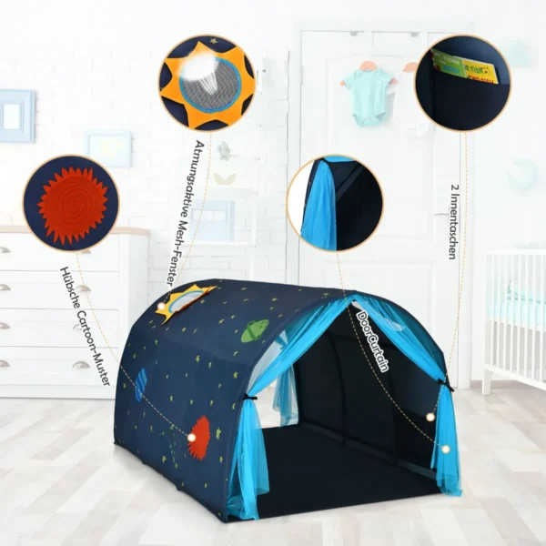 Tentje op kinderbedje speeltent in prinsessenstijl voor kinderen kindertent met venster & tas & gordijn blauw 6