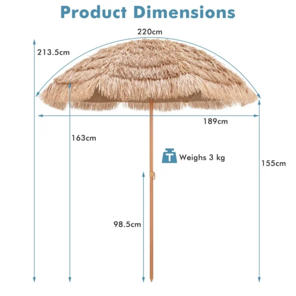 Terrasparasol met rieten dak 208 cm strandparasol kantelbaar 8 baleinen draagbare en lichtgewicht paraplu zonbescherming voor zwembad 3