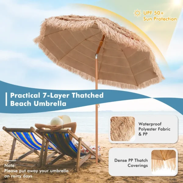 Terrasparasol met rieten dak 208 cm strandparasol kantelbaar 8 baleinen draagbare en lichtgewicht paraplu zonbescherming voor zwembad 4