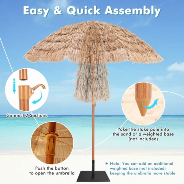 Terrasparasol met rieten dak 208 cm strandparasol kantelbaar 8 baleinen draagbare en lichtgewicht paraplu zonbescherming voor zwembad 6