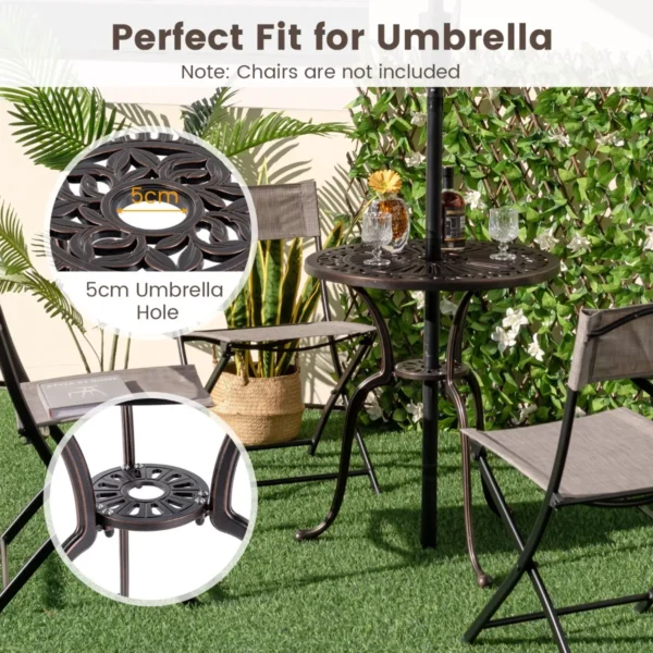 Terrastafel van gegoten aluminium 61 cm ronde tafel met gat voor parasol en onderste plank aantrekkelijke bistrotafel voor veranda tuin 5
