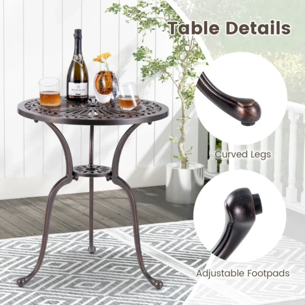 Terrastafel van gegoten aluminium 61 cm ronde tafel met gat voor parasol en onderste plank aantrekkelijke bistrotafel voor veranda tuin 7