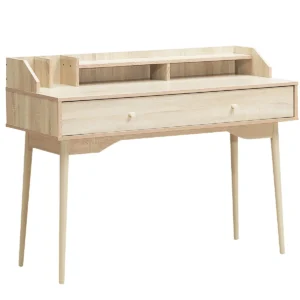 Thuiskantoor schrijftafel met lade 100% stevige rubberhouten poten met grote lade & breed tafelblad 2 laags hok natuurlijk 1