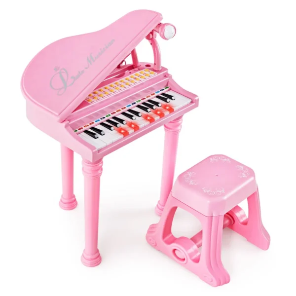 Toetsenbord voor kinderen 31 toetsen met kruk elektronisch pianotoetsenbord met microfoon led leer modus speelgoedpiano (roze) 1