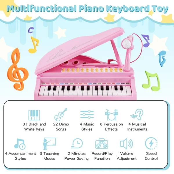 Toetsenbord voor kinderen 31 toetsen met kruk elektronisch pianotoetsenbord met microfoon led leer modus speelgoedpiano (roze) 4