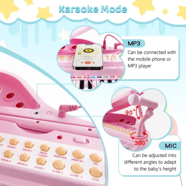 Toetsenbord voor kinderen 31 toetsen met kruk elektronisch pianotoetsenbord met microfoon led leer modus speelgoedpiano (roze) 6