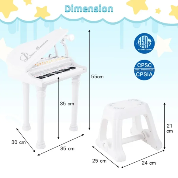 Toetsenbord voor kinderen 31 toetsen met kruk elektronisch pianotoetsenbord met microfoon led leer modus speelgoedpiano (wit) 2
