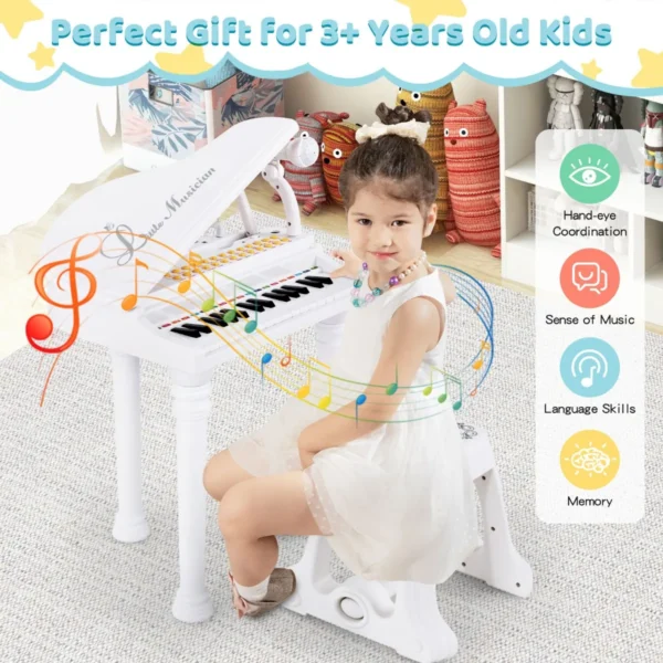 Toetsenbord voor kinderen 31 toetsen met kruk elektronisch pianotoetsenbord met microfoon led leer modus speelgoedpiano (wit) 4